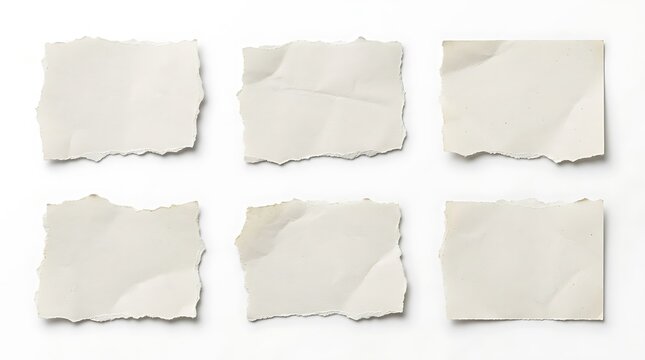 Set of six blank torn paper scraps on white background