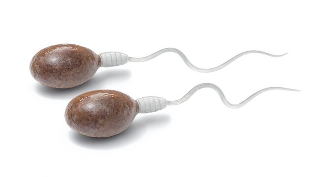 Two textured brown sperm cells with long tails isolated on a white background