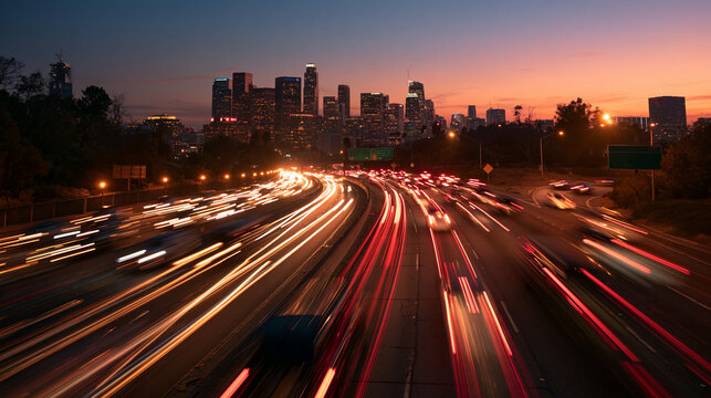 Traffic Light Trails on Los Angeles Freeway at Dusk
