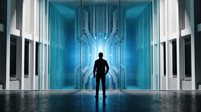 Man Standing in Front of Futuristic Quantum Supercomputer Server Core
