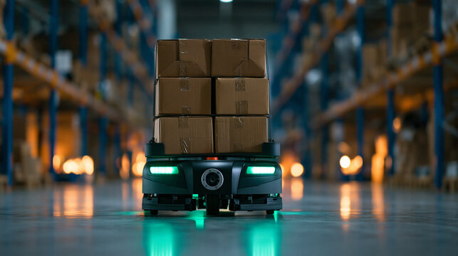 Automated Mobile Robot Transporting Cardboard Boxes in Modern Warehouse