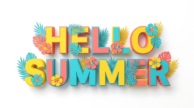 Hello Summer 3D Typography with Tropical Flowers and Leaves