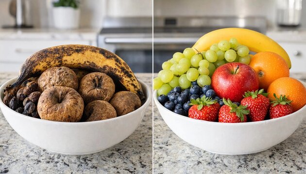 Comparison of a bowl with rotten spoiled fruits versus a bowl with fresh organic colorful fruits