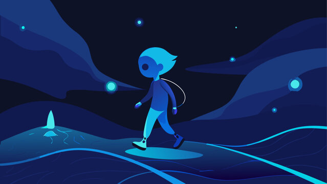 A futuristic robot exploring an alien planet under a glowing blue sky