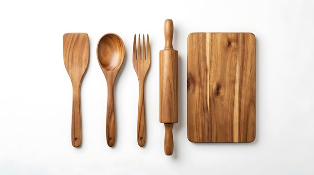 Set of Wooden Kitchen Utensils and Cutting Board on White