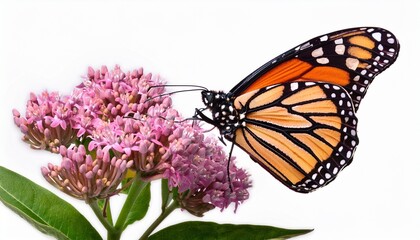 Obraz premium Monarch Butterfly Feeding On Pink Milkweed Flowers Realistic Detail Isolated On A White Background