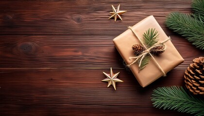 Fototapeta premium Gift Box Wrapped In Brown Paper With Twine And Star Ornaments On Wooden Background With Pine Branch And Pinecone In Corner