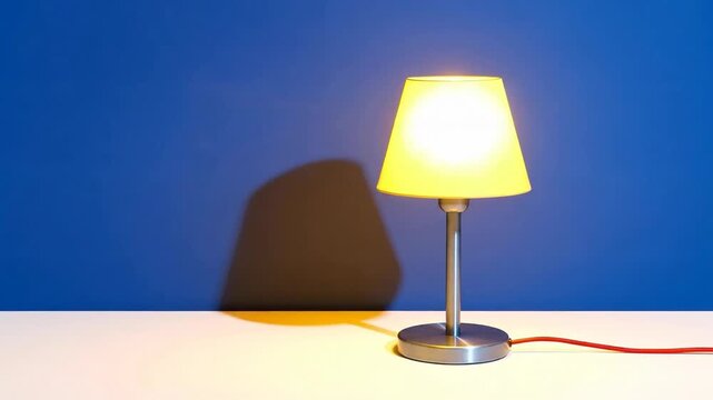 A modern lamp with a yellow shade casting a soft glow against a deep blue wall, creating a serene atmosphere