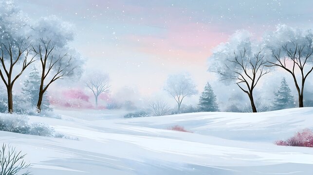 elegant watercolor snowy countryside with frosted trees quiet winter landscape soft pastel sky subtle snowfall minimal holiday background for Christmas celebration