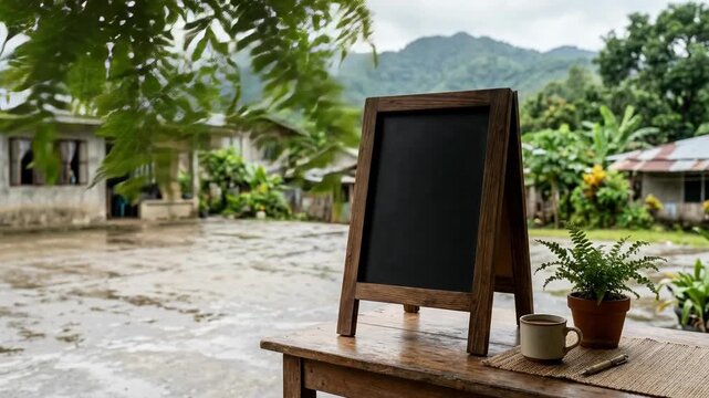 A rustic wooden signboard on a table in a rural setting with mountains in the background on a rainy day