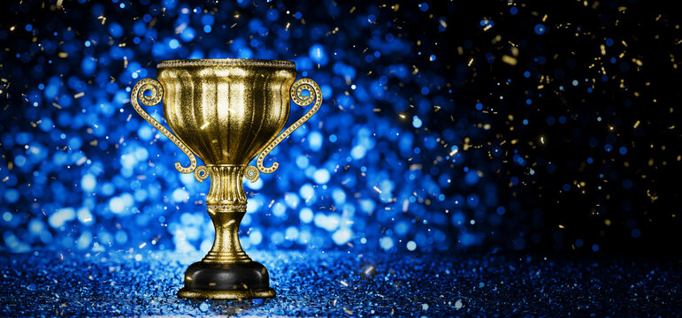 Winners' cup. Achievements. Victory. Goal achievement concept. Business achievements. Scientific success. Winner's certificate. Gold cup on a blue background. Award for achievements. 3D render.