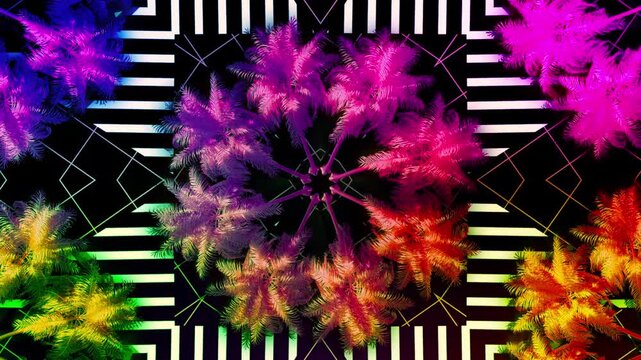 Psychedelic rainbow palm trees arranged in a circular formation with glowing geometric lines and bold retro futuristic patterns on a dark background.