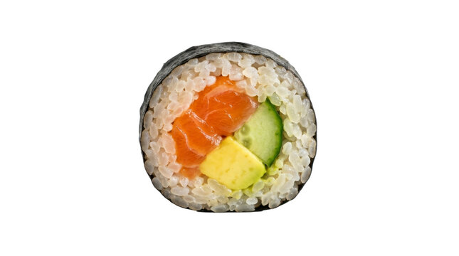 Single sushi roll with salmon avocado and cucumber on a transparent background PNG file