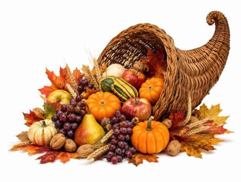 Autumn harvest cornucopia overflowing with fresh fruits and vegetables. Fall Thanksgiving centerpiece filled with pumpkins, grapes, and seasonal pr...
