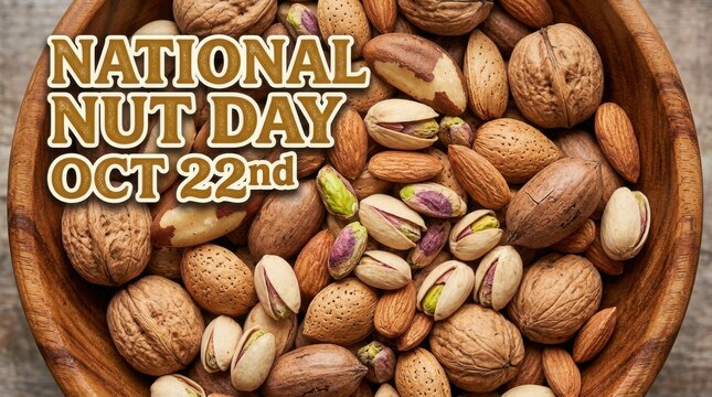 Assorted nuts in a wooden bowl a detailed food photography composition almonds walnuts pistachios nutshells nut assortment mixed still life day october 22nd
