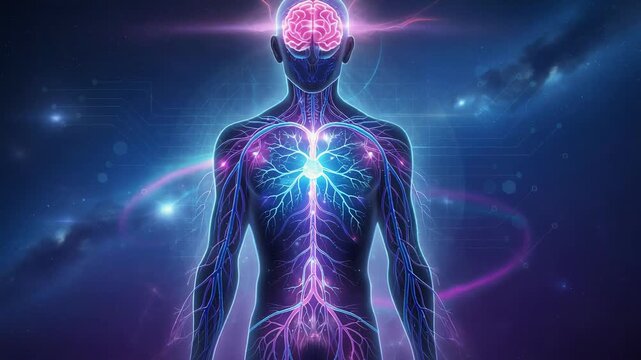 Glowing human figure with illuminated brain and nervous system pathways glowing in dark space