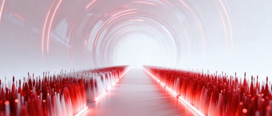 Fototapeta premium Futuristic fiber optic corridor with glowing red communication pathway, idea for high speed network infrastructure background