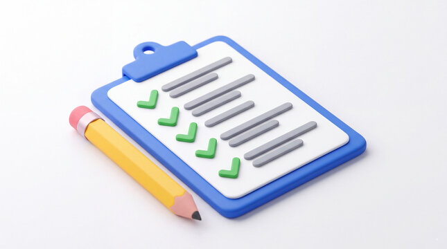 A 3D illustration of a clipboard with a checklist and a pencil on a white background, symbolizing organization and task management.