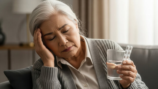 Distressed senior woman holding her head and medicine, seeking relief. Concept of headache and health issues