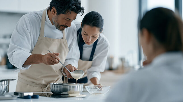 A culinary arts instructor stands at a sterile white background demonstration station, viewed over the shoulder of a student, oil water mix rainbow abstract macro pattern visible