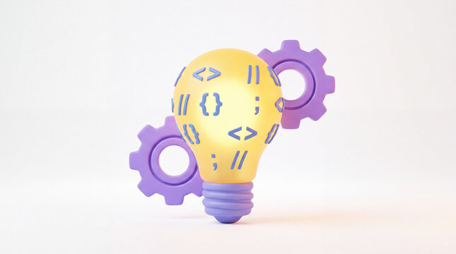 A creative lightbulb with coding symbols and gears on a white background representing innovation and technology