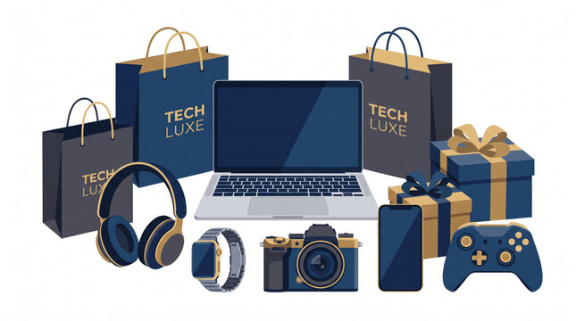 Tech shopping gadgets and electronics with laptop and shopping bags, shopping