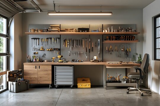 high end garage workshop with organized wall mounted storage pegboard hand tools rolling toolbox and bright LED lighting realistic interior photography