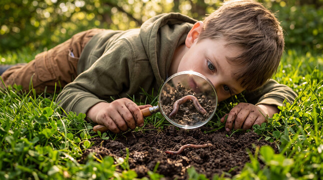 A young boy lies on the grass examining worms with a magnifying glass in a sunny outdoor setting.