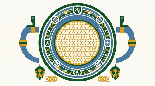 Circular Beer Emblem Illustration, traditional brewing crest with hop cones, wheat, and beer foam texture, isolated on white background, for brewery branding or Oktoberfest designs