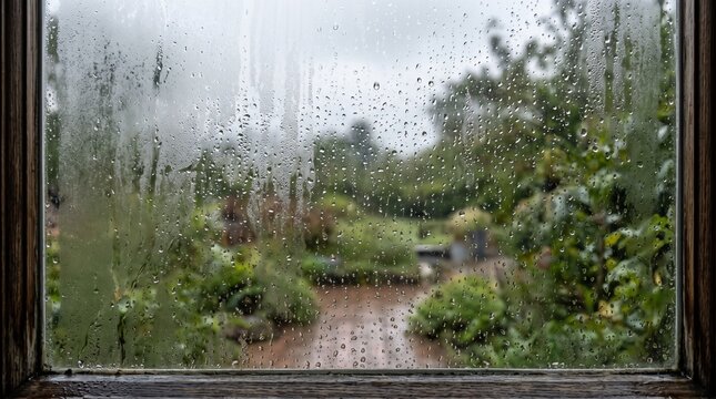 Rain droplets on frosted glass window surface
