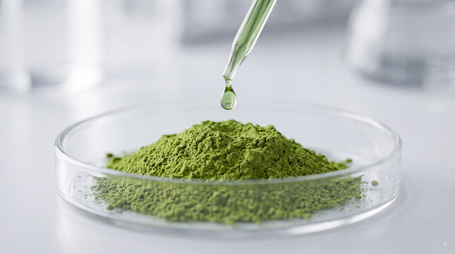A green powder in a glass dish with a dropper adding a liquid