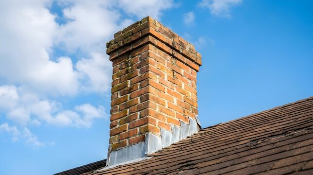 Traditional Red Brick Chimney on a Shingle Roof Against a Clear Blue Sky with Fluffy White Clouds