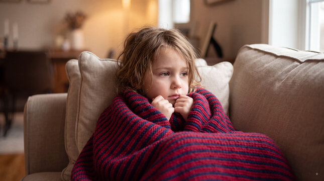 A young girl sitting comfortably on a couch wrapped in a red blanket