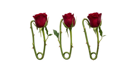 Obraz premium Creative red rose safety pins with green thorny stems on png background concept