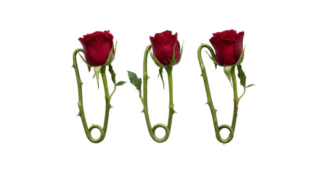 Creative red rose safety pins with green thorny stems on png background concept