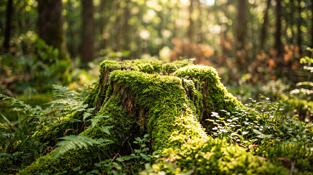A moss-covered tree stump in a serene forest with lush greenery and sunlight filtering through the trees.