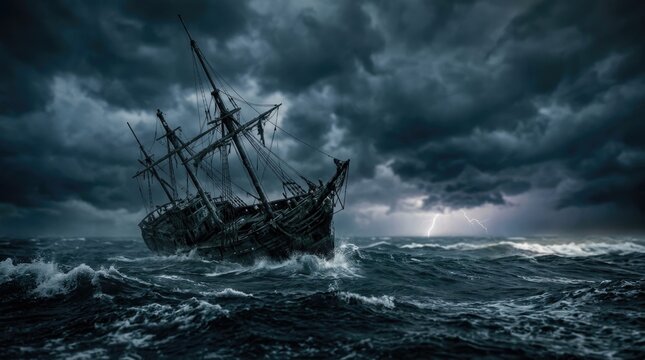 A dark, weathered sailing ship battles a violent storm at sea. Lightning flashes illuminate the turbulent waves and ominous clouds.