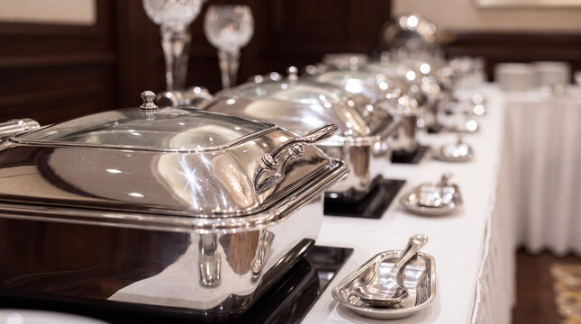 A row of silver chafing dishes on a white table in a formal dining setting