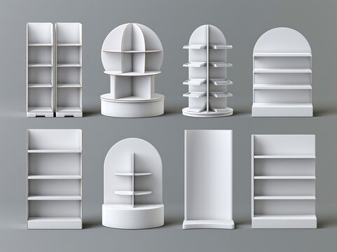 Collection of blank white retail display stands and shelving units