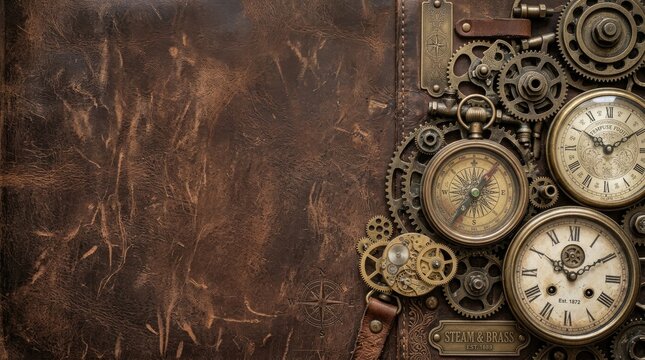 A richly textured brown leather background is overlaid with a complex arrangement of antique clocks, gears, a compass, and brass fittings.