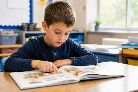 Elementary school boy reading a book at his desk. Young student studying with focus in bright classroom setting.