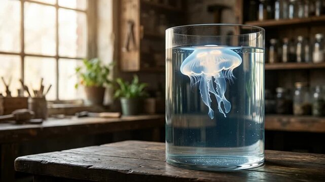 Translucent jellyfish floating in clear water within a glass jar placed on a wooden table in a rustic setting