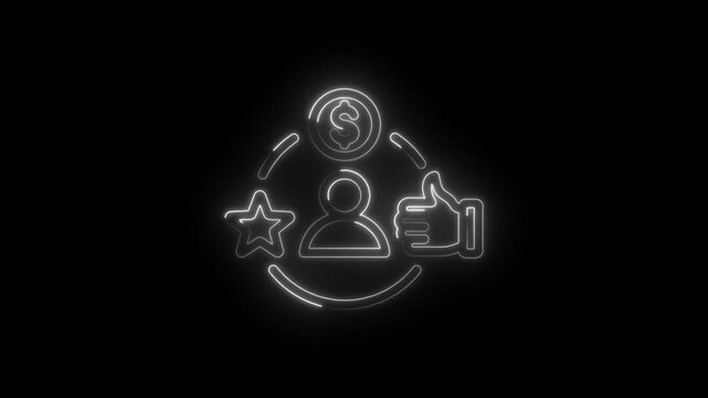 Glowing neon outline icons representing customer satisfaction star rating thumbs up and money