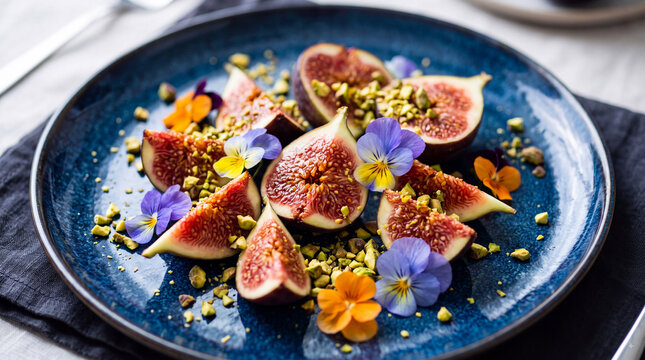 A plate of sliced figs garnished with edible flowers and crushed pistachios on a blue ceramic plate