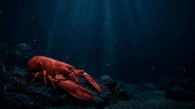 A vibrant red lobster resting on the ocean floor with soft light rays illuminating the surrounding water