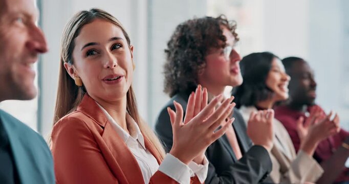 Success, woman or crowd at seminar with applause, achievement or celebration for business growth. Happy, people or employees at event with good news, group clap or motivation for company milestone.