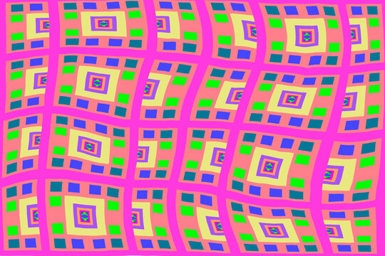 Colorful distorted checkered pattern background with bright pink neon base and green blue square tiles, abstract geometric optical art for retro posters, creative wrapping paper, digital wallpaper, an
