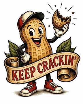 Animated peanut mascot holding cracker with motivational slogan. Cheerful food character promoting snack time energy and fun branding.