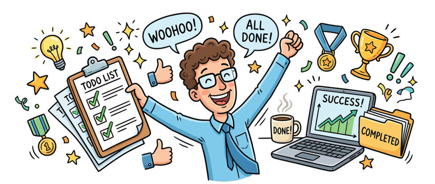 Man celebrating achieving goals, checklist, laptop, trophy, success