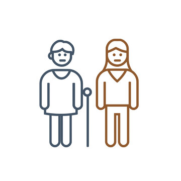 Line icon of an elderly person with a cane and a younger person